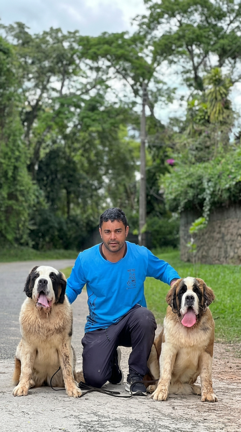 Neto ajoelhado entre dois cães