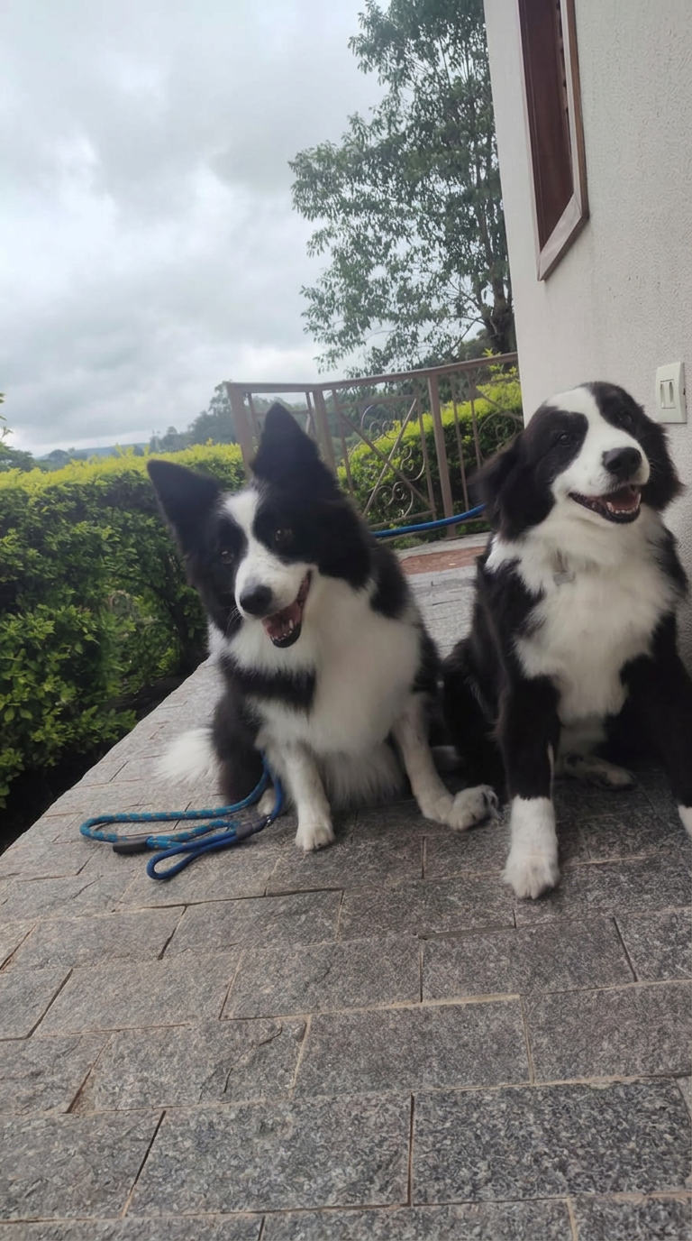 Dois border collies sentados lado a lado no piso