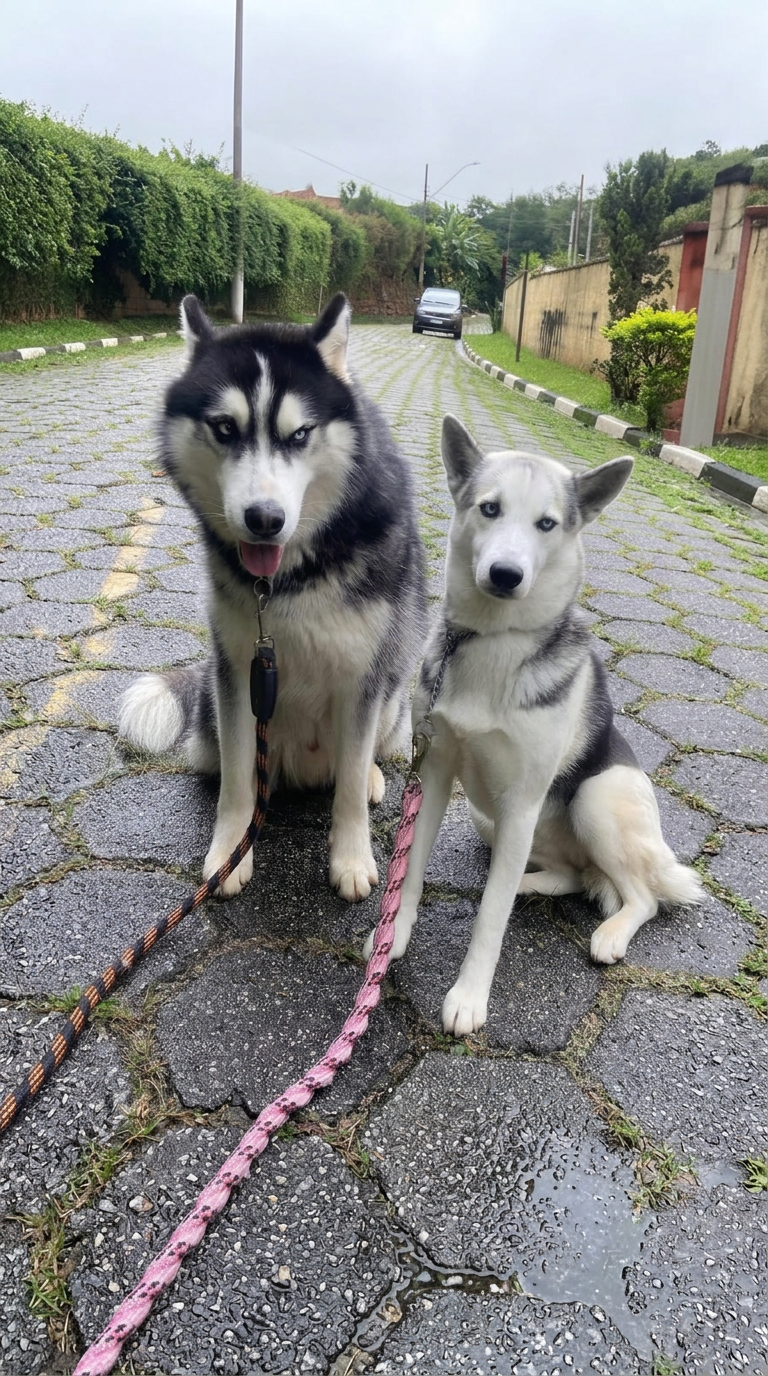 Dois huskies siberianos sentados durante o passeio