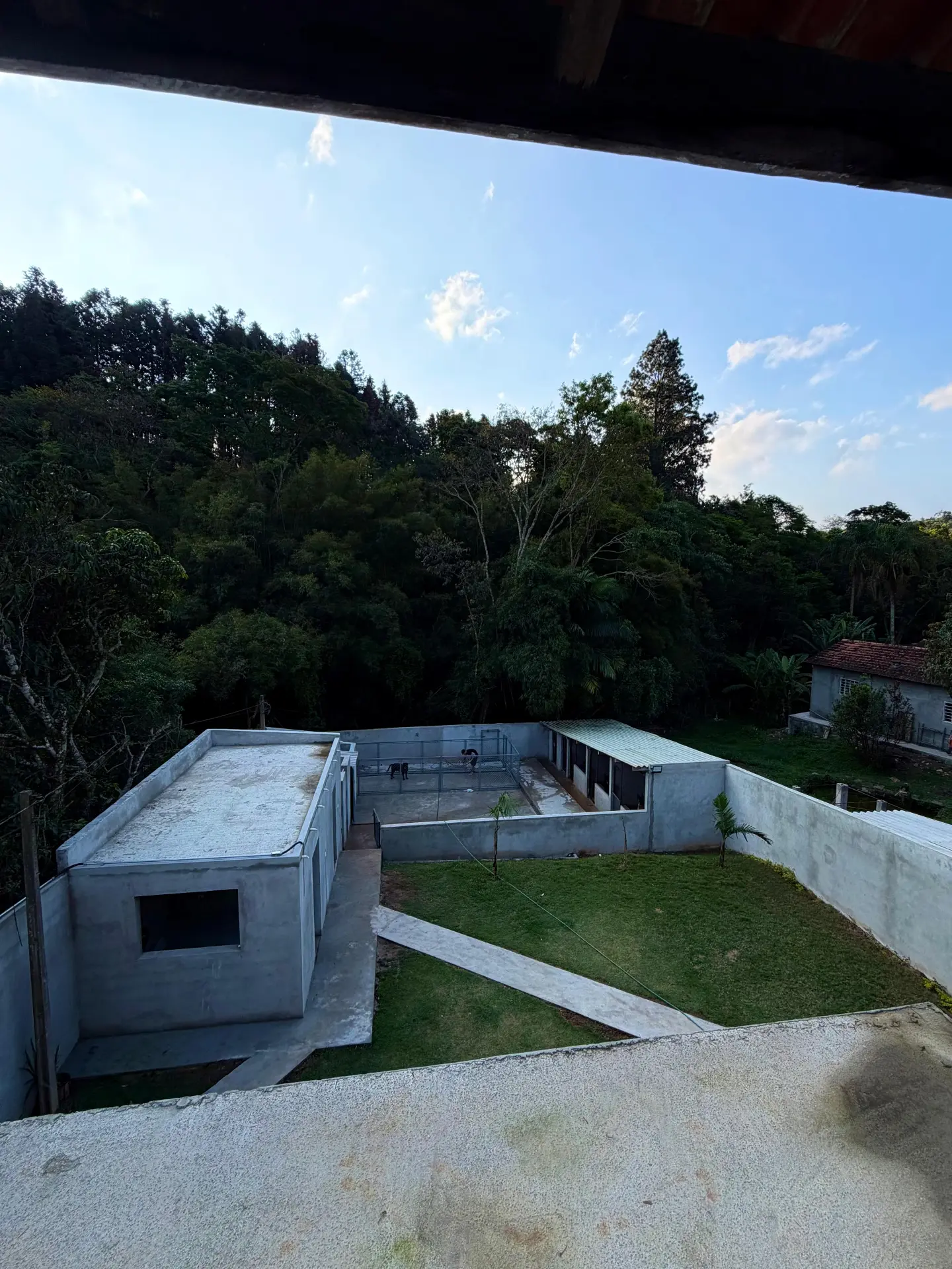 Vista do canil ao entardecer com as baias e o pátio gramado