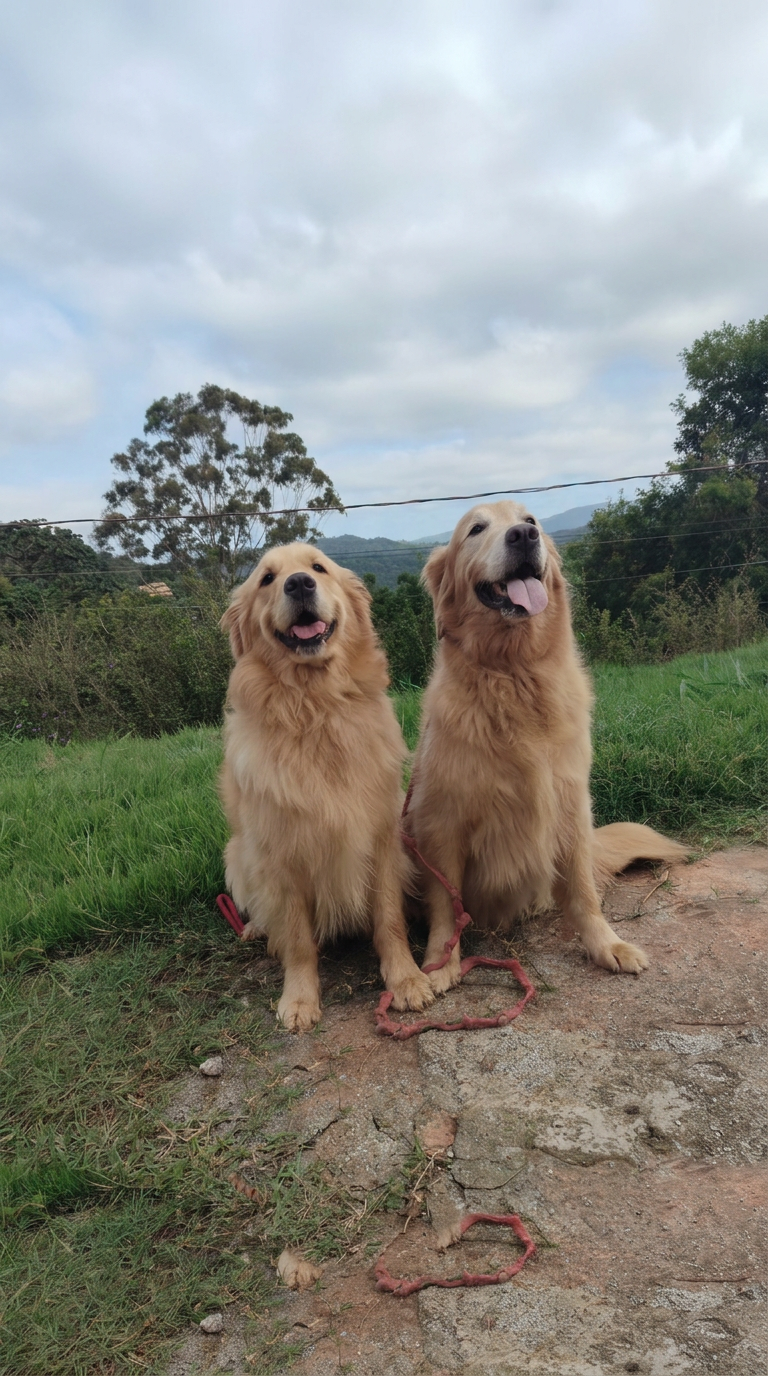 Dois golden retrievers sentados na grama, em área aberta